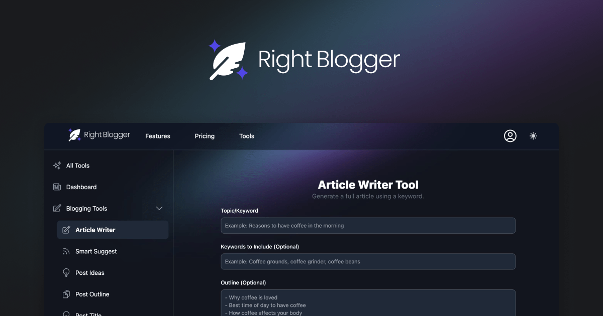 Painel de controle do RightBlogger