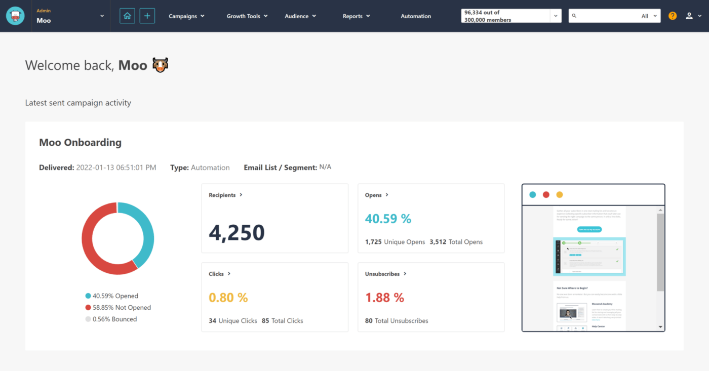 Software di marketing per le aziende: Moosend dashboard