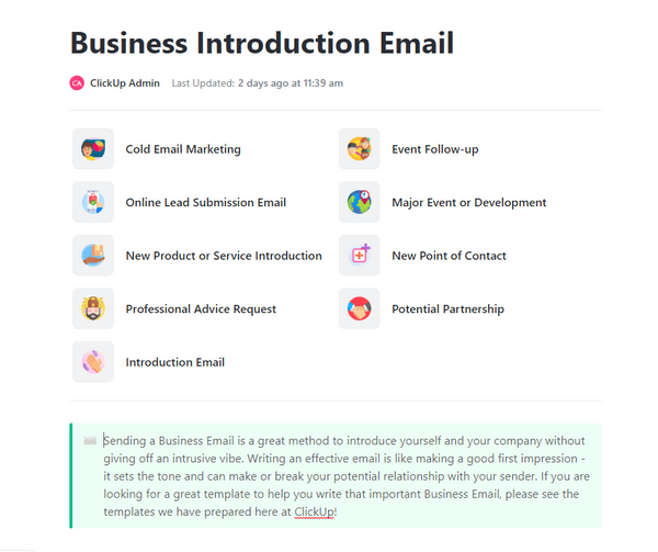 ClickUp Business Introduction Email Template