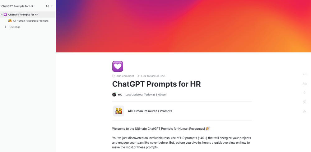 ClickUp ChatGPT Prompts for HR Templateで、従業員の入社プロセスや、従業員レビューシステムに関する詳細なガイドを作成しましょう。