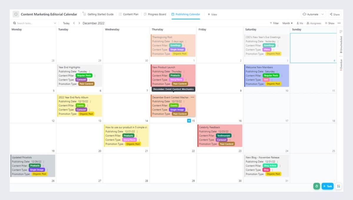 See at a glance what your upcoming content schedule looks like with ClickUp’s Content Marketing Editorial Calendar Template