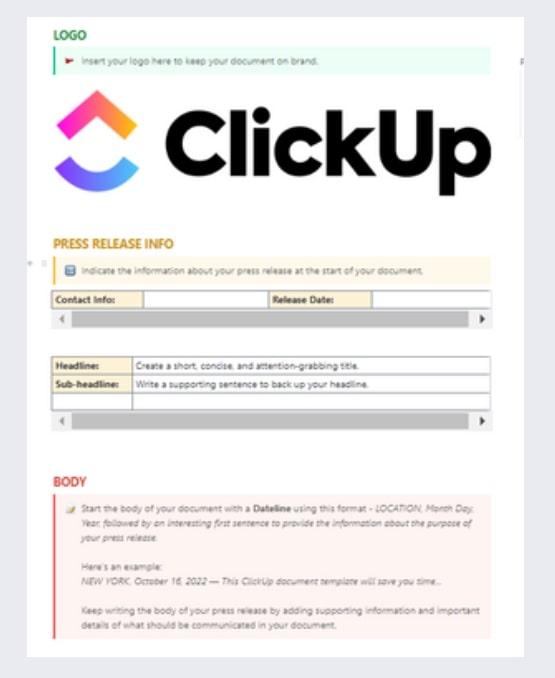 Modèle de rédaction de contenu ClickUp