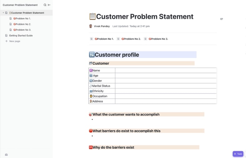ClickUp Customer Problem Statement Templates