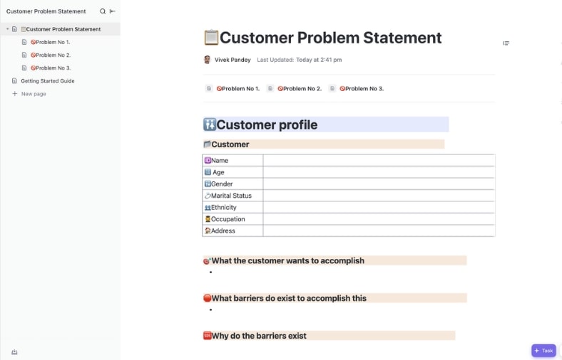 Capture your customers' problems in a standard format with the ClickUp Customer Problem Statement Template