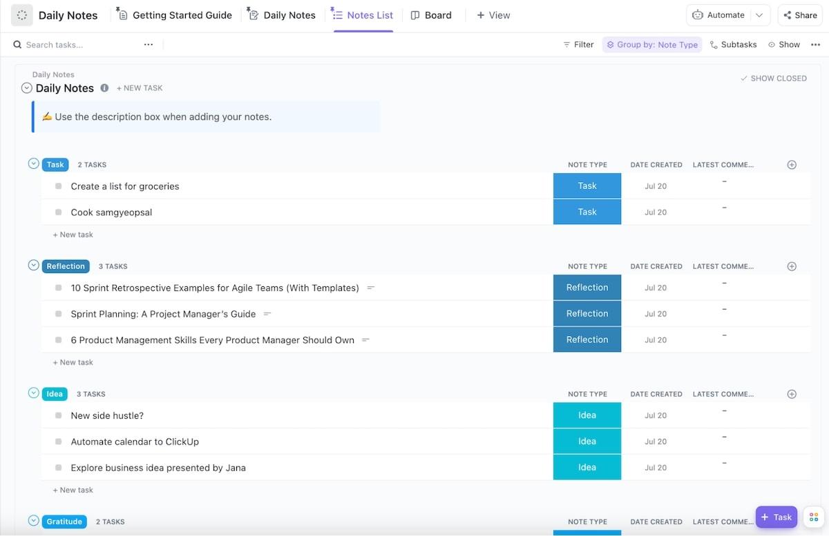 Organize your thoughts and store ideas in one handy place with the Daily Notes Template from ClickUp