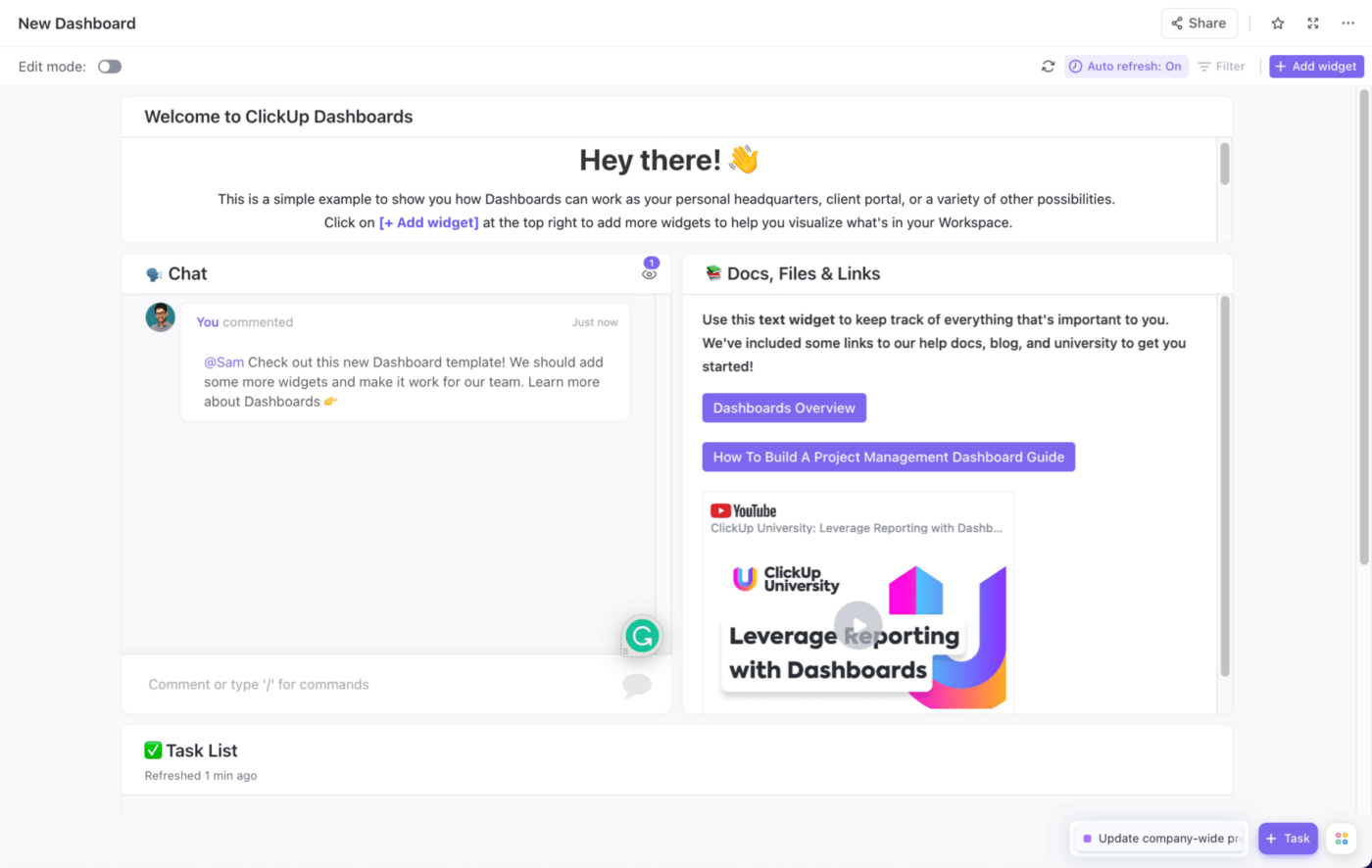 ClickUp is a project management dashboard solution