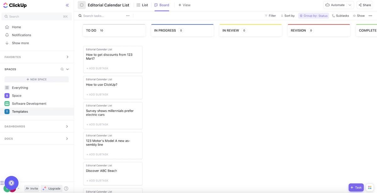 With ClickUp’s Editorial Calendar List Template, monitor the publication process from start to finish in one easy-to-view dashboard 