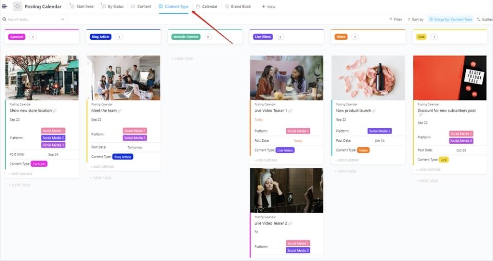 ClickUp's Posting Calendar Template is designed to help you plan, execute, and track your content across multiple channels. 