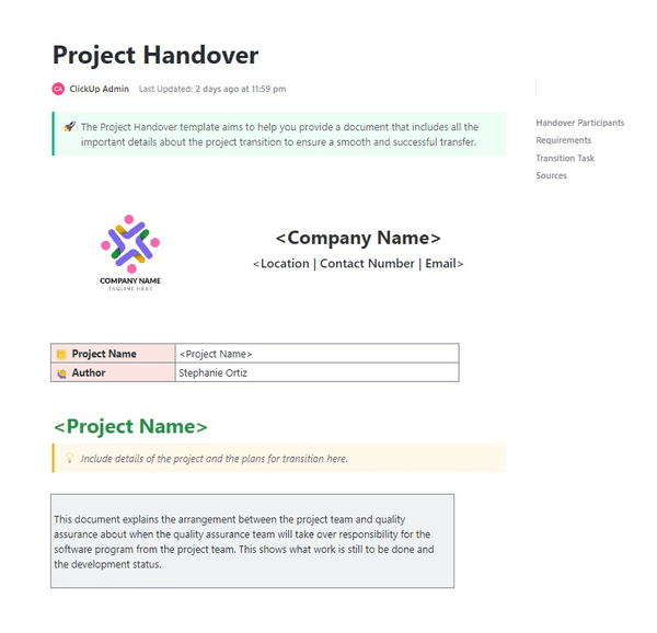 ClickUp Project Handover Template
