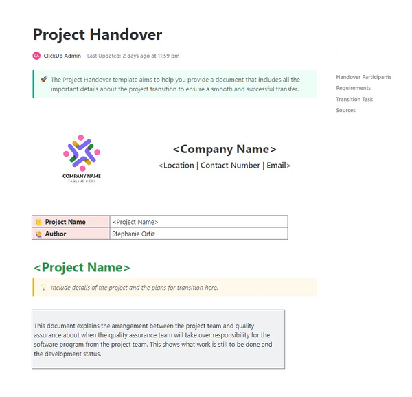 Modello di passaggio di consegne del progetto ClickUp