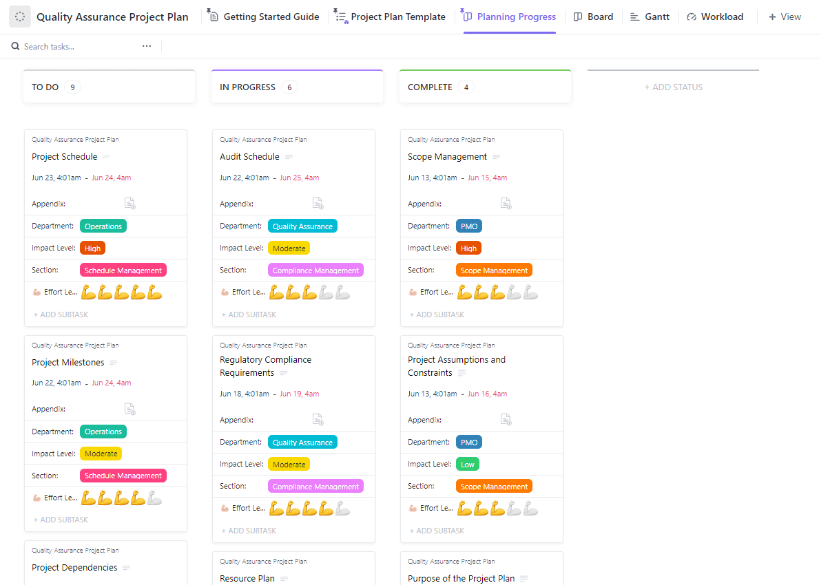 Modello di piano di progetto per l'assicurazione della qualità ClickUp