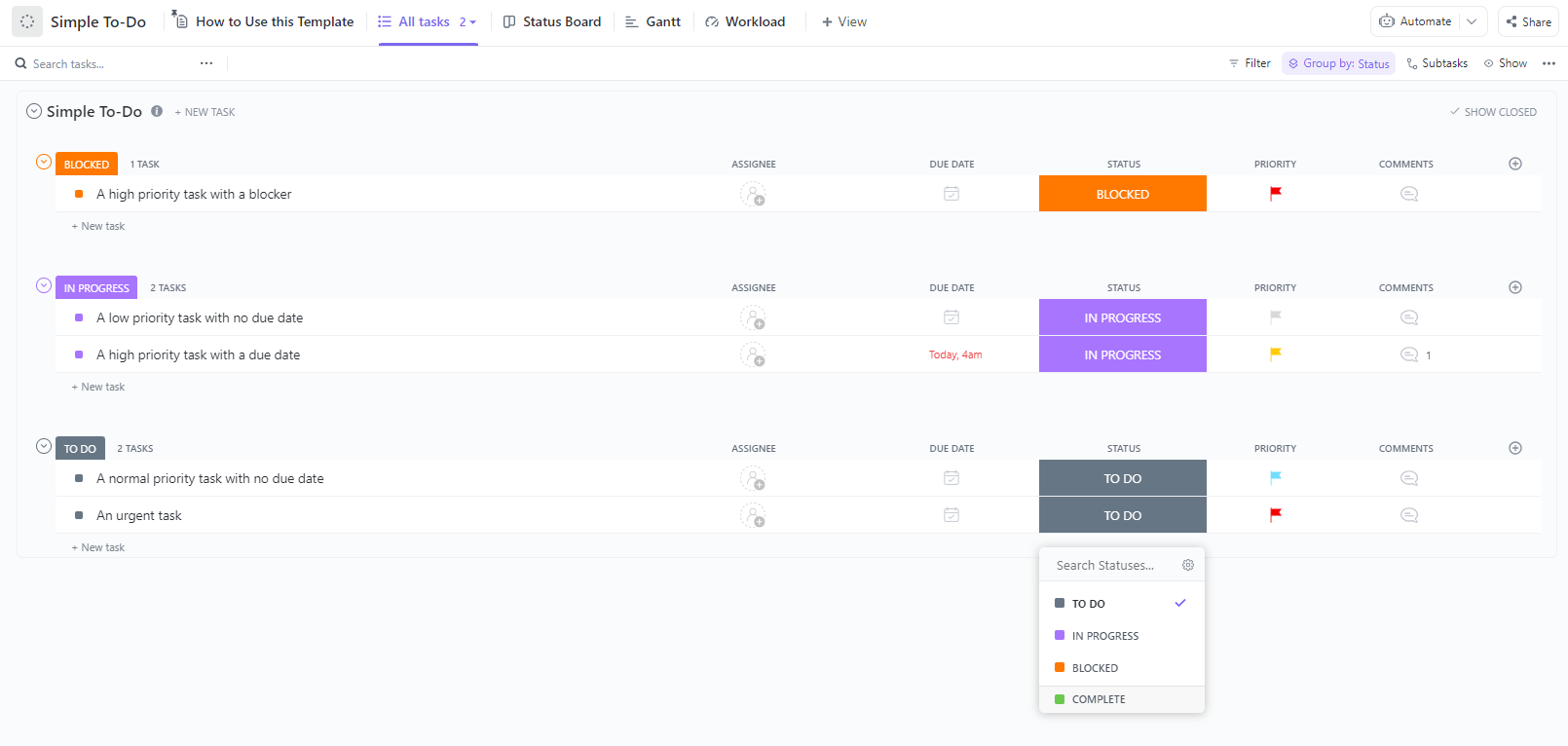 ClickUp Simple To-Dos Template facilitates task management and increases productivity