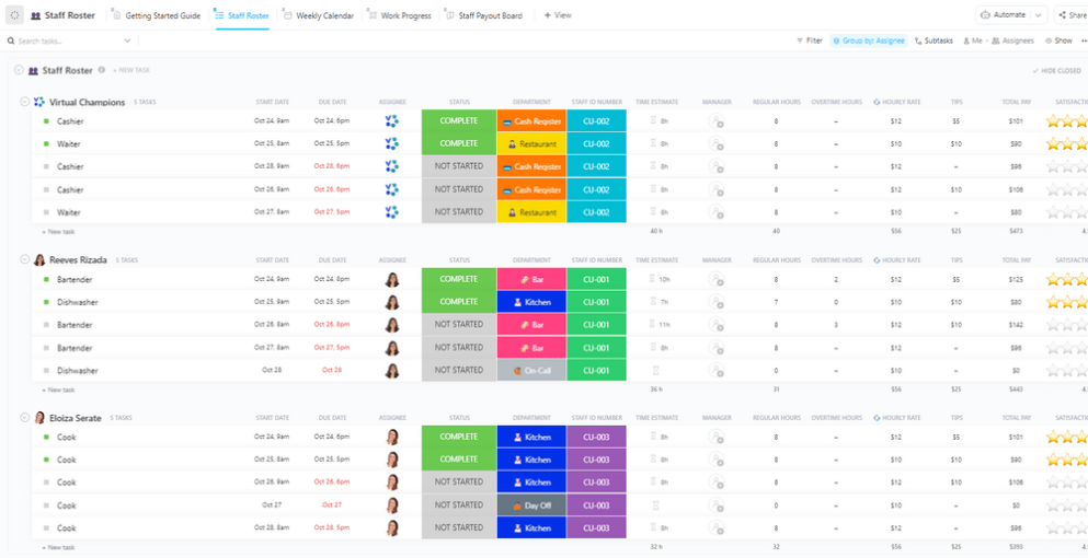 Modelo de lista de funcionários do ClickUp