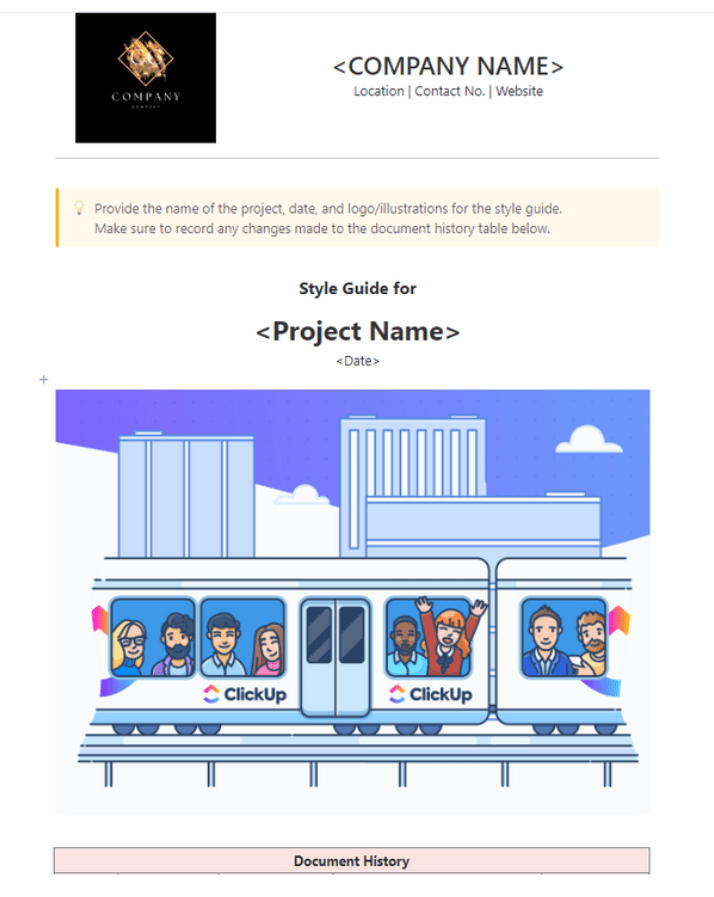 Szablon przewodnika po stylach ClickUp został zaprojektowany, aby pomóc zespołom zachować spójność marki we wszystkich zasobach projektowych.  