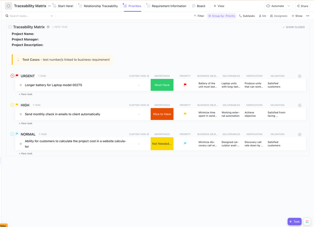 Il modello di matrice di tracciabilità di ClickUp offre un modo semplice per tracciare queste relazioni in modo organizzato e completo.  