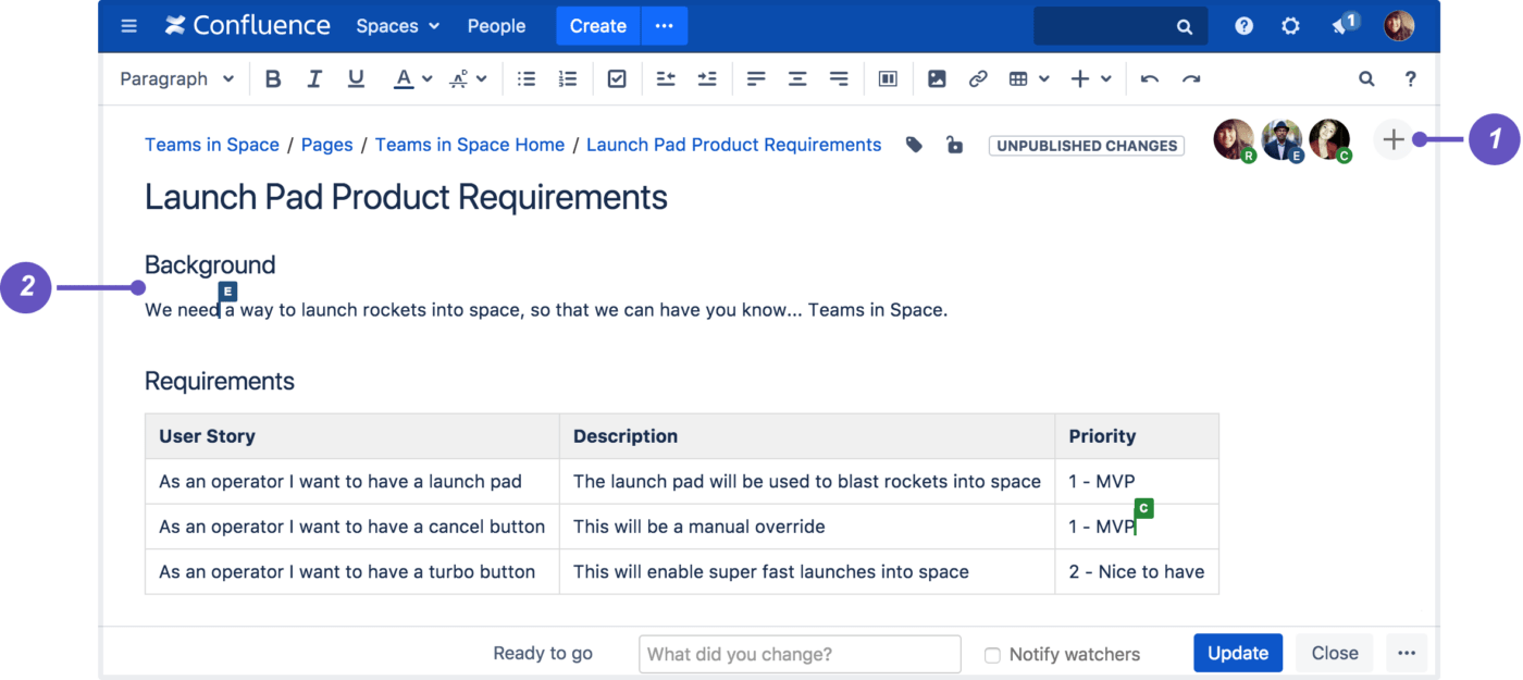 Confluence frente a Documentos de Google: Función de edición colaborativa de Confluence