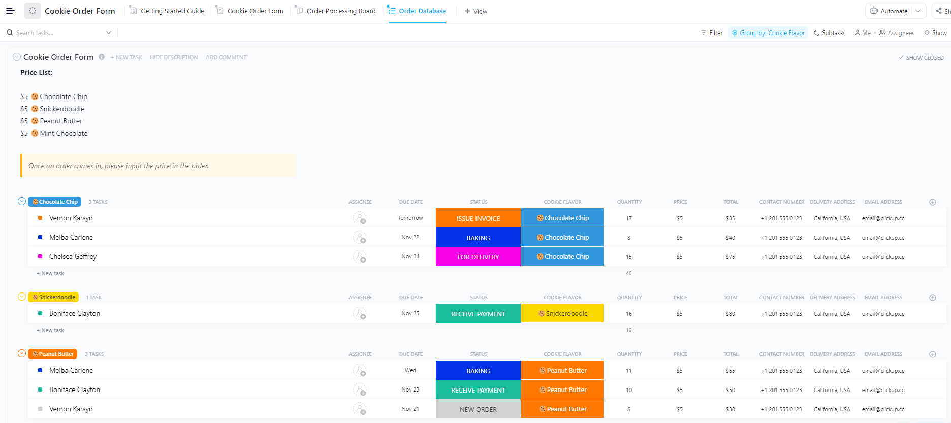 ClickUp Cookie Formular Vorlage für die Reihenfolge