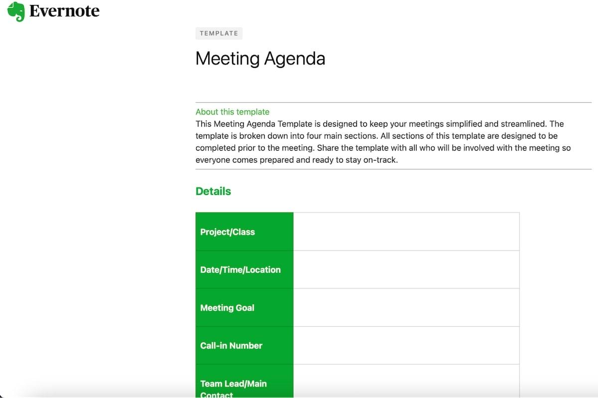 Modèle d'agenda de réunion Evernote