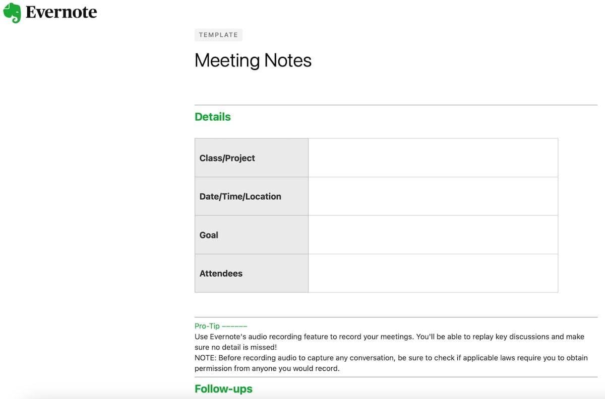 Modèle de notes de réunion Evernote