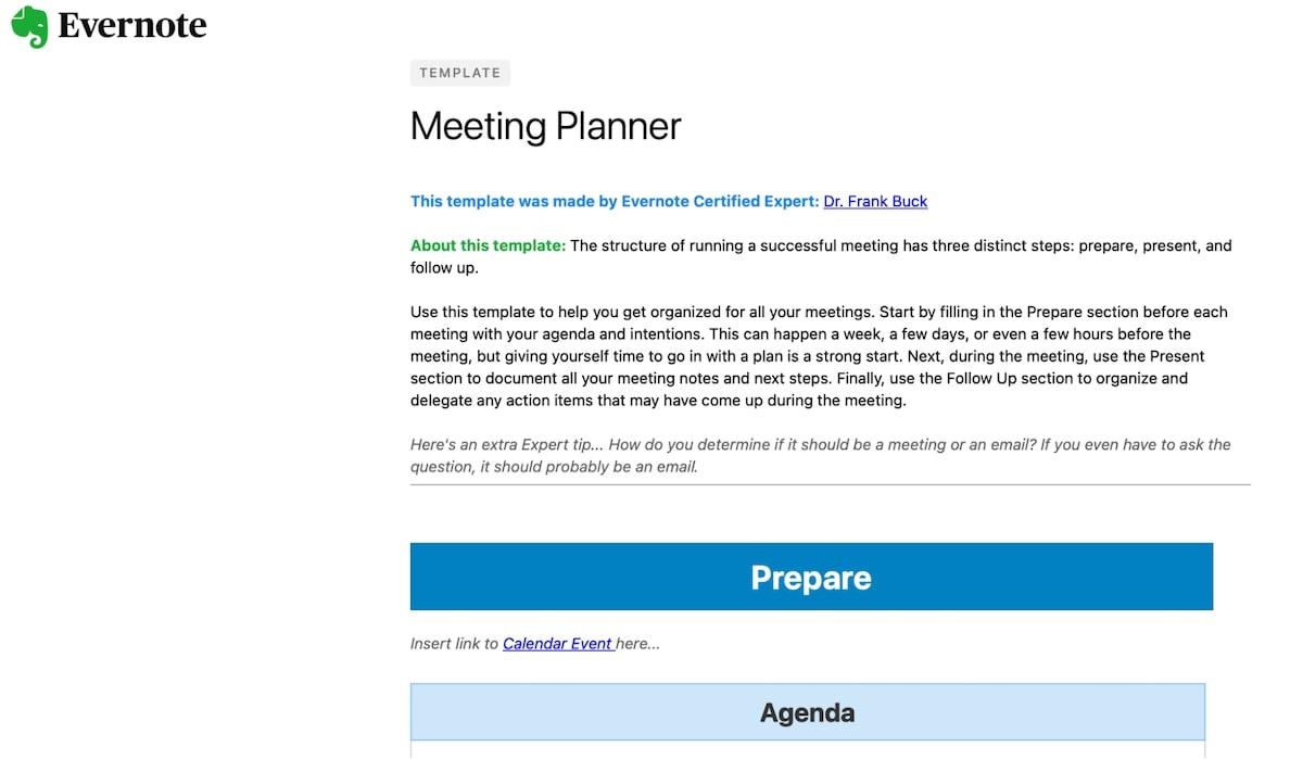 Evernote templates: Evernote Meeting Planner Template
