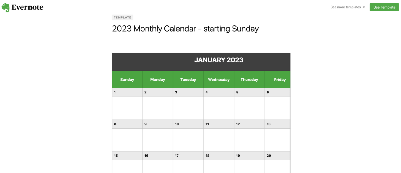 Evernote Monthly Calendar Template Example