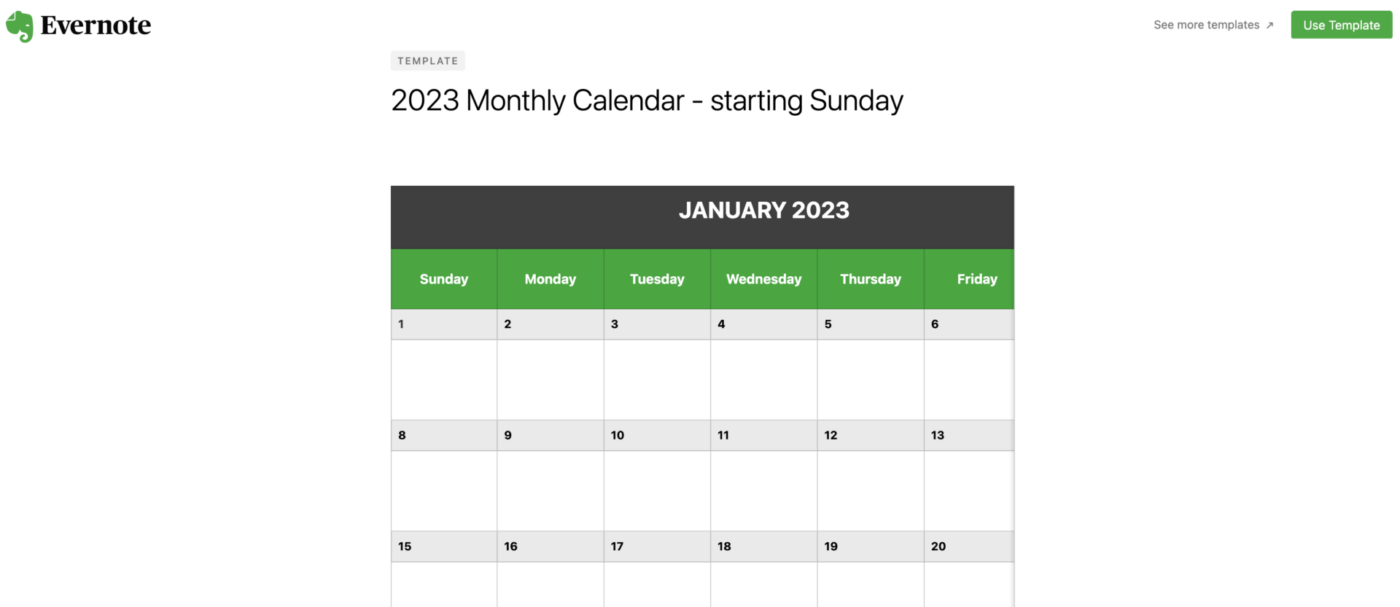 Ejemplo de plantilla de calendario mensual de Evernote