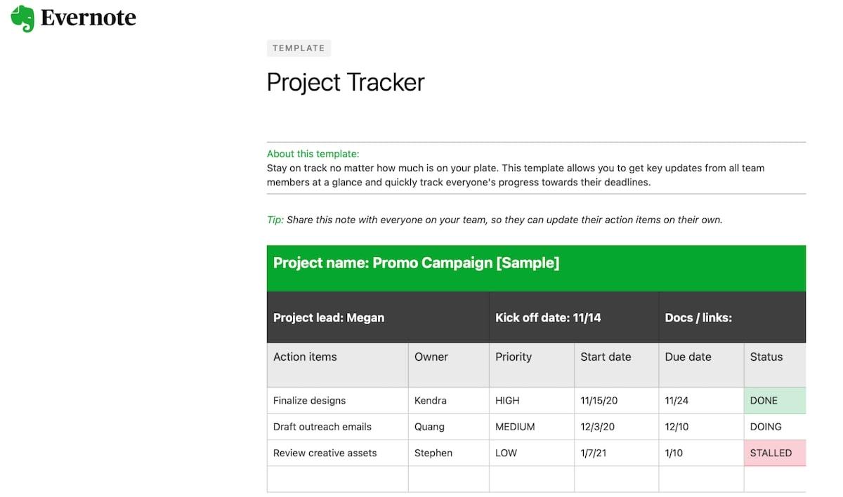 Evernote's Project Tracker template