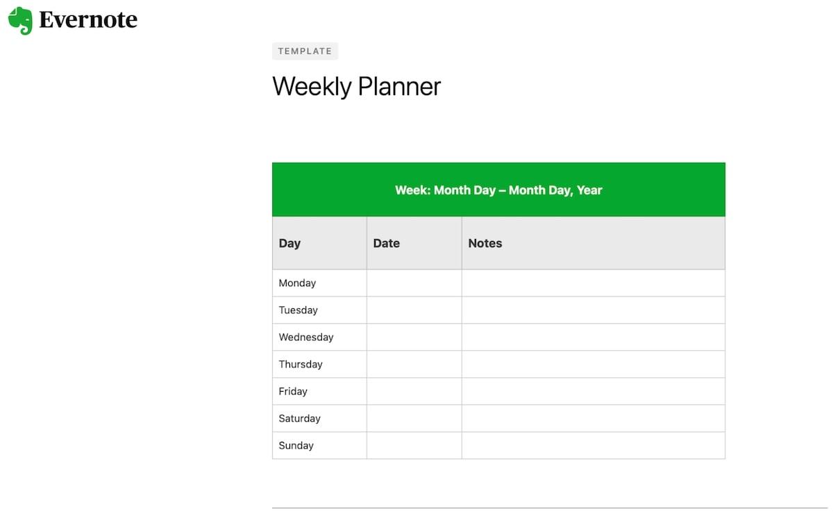 Modelo de agenda semanal do Evernote