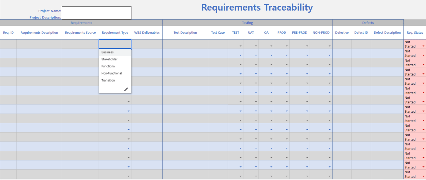 Szablon macierzy identyfikowalności wymagań Excel od Agile-Mercurial