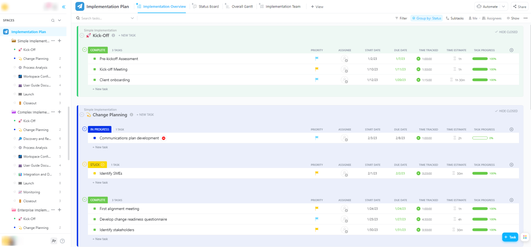 Modelo de plano de implementação do ClickUp para equipes simples, complexas e empresariais