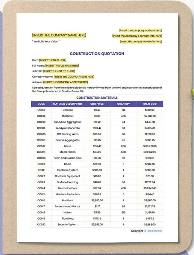 Modelo de orçamento de construção do Microsoft Word