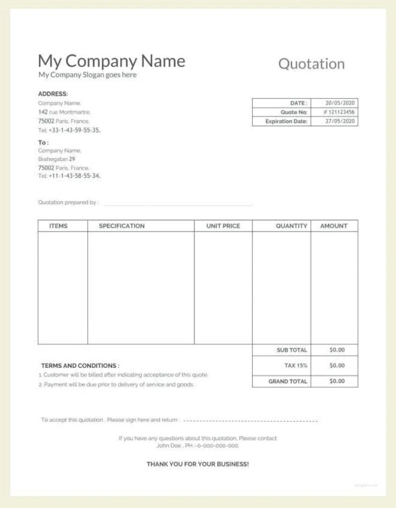 microsoft excel quote template