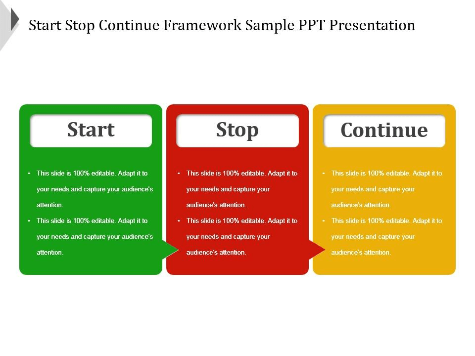 Een PowerPoint-presentatie in drie fasen van start tot stop en doorgaan