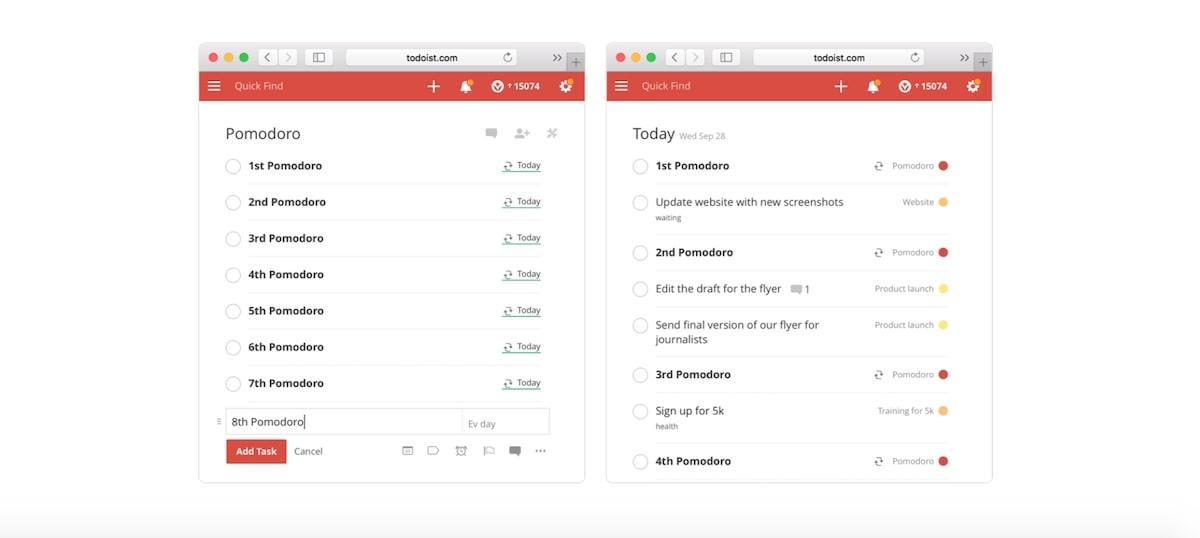 Flujo de trabajo Pomodoro en Todoist