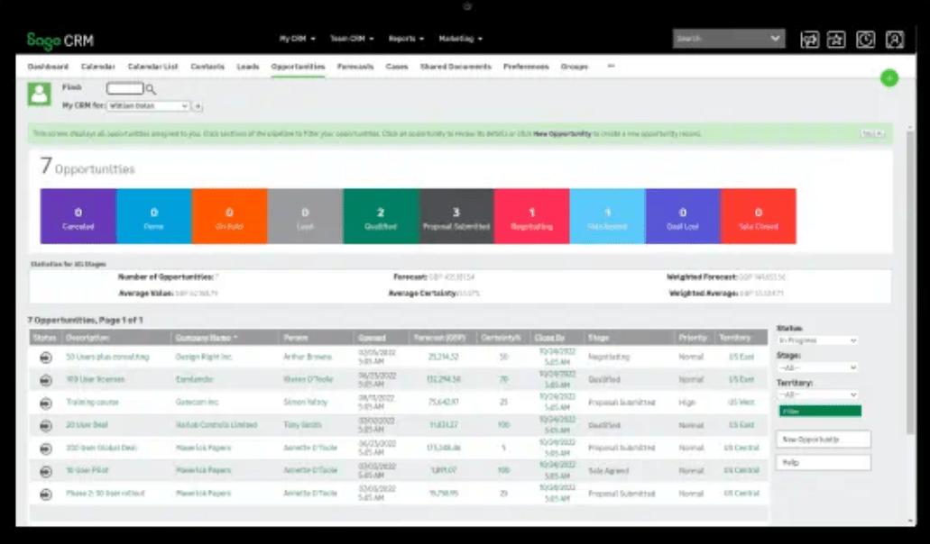 Uno screenshot di Sage CRM