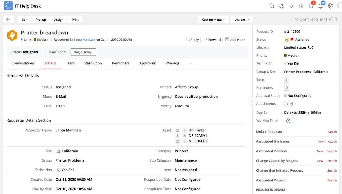 ServiceDesk Plus printer breakdown