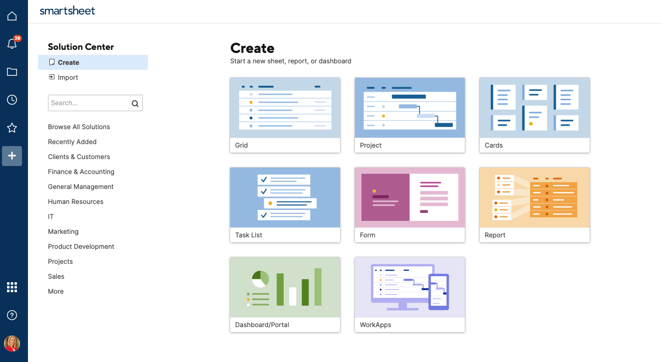 Database design tools: screenshot of Smartsheet's templates