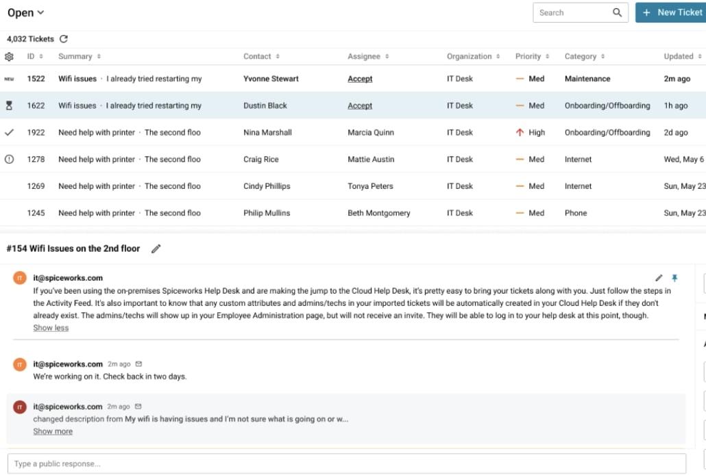 Alternatif Freshdesk: tangkapan layar dari tiket Spiceworks