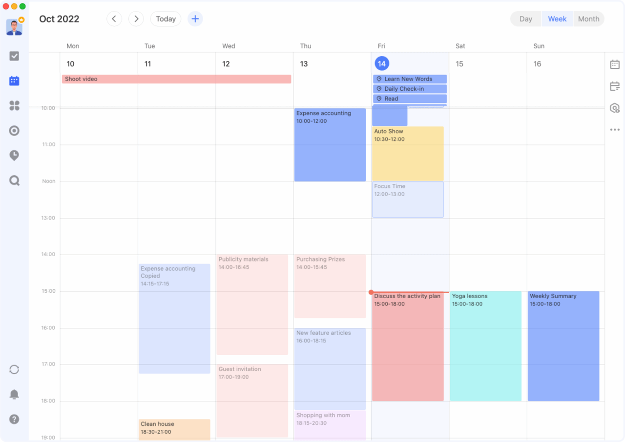 Exemplo de visualização da semana do calendário do TickTick