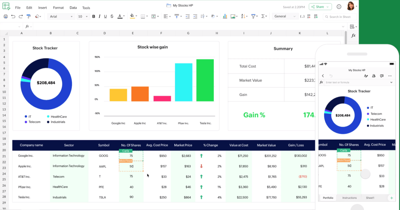 Een screenshot van Zoho Sheet