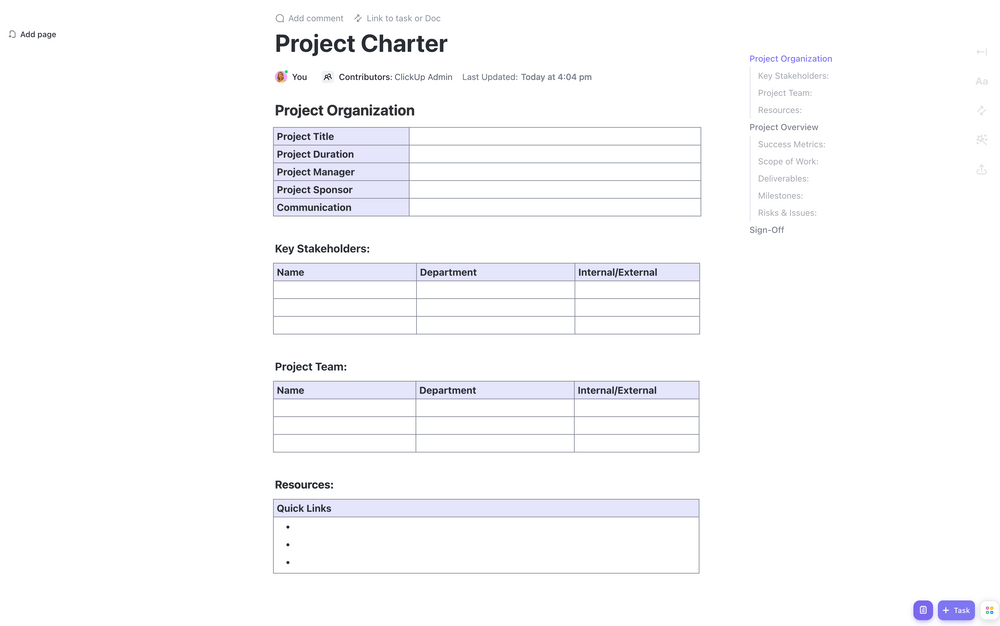 Modello di Carta del progetto ClickUp