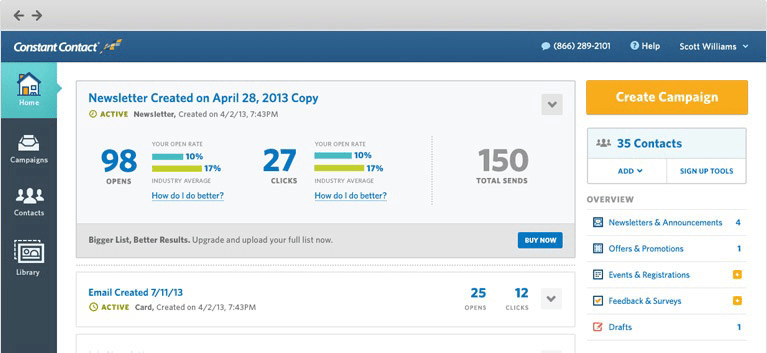 Dashboard di Constant Contact