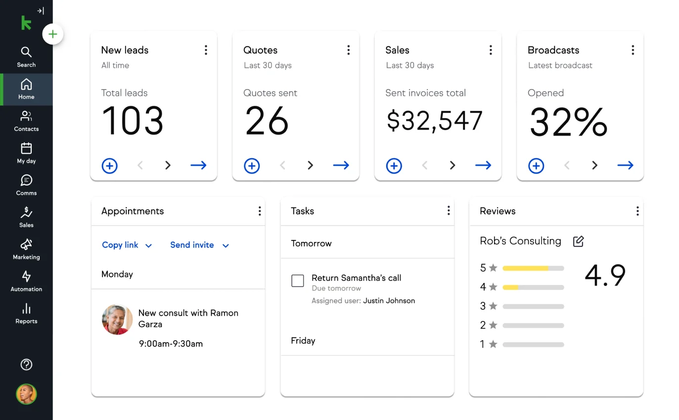 CRM for email marketing: Keap's Dashboard