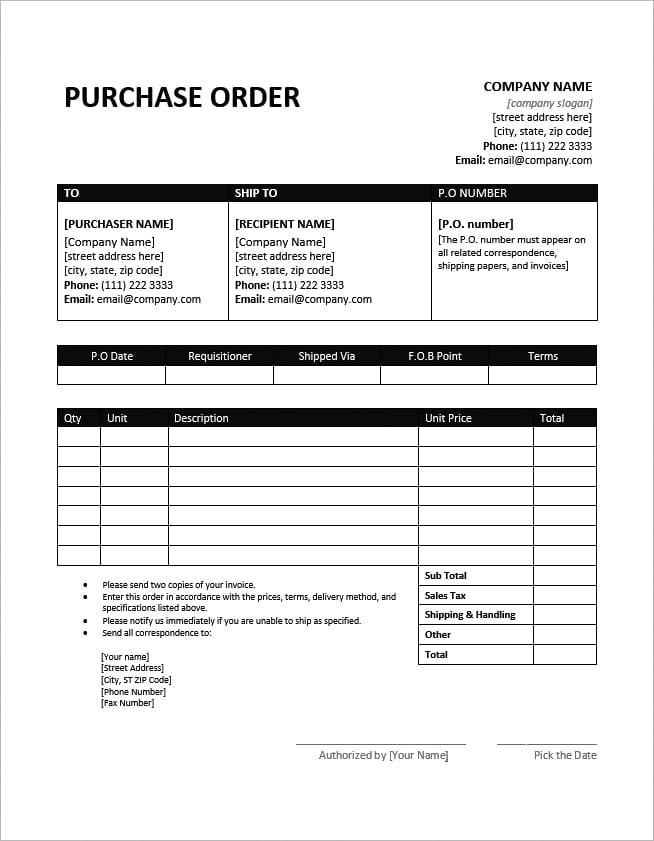 Microsoft Word Purchase Order Template