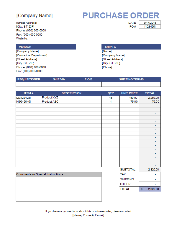 Modelo de ordem de compra do Excel