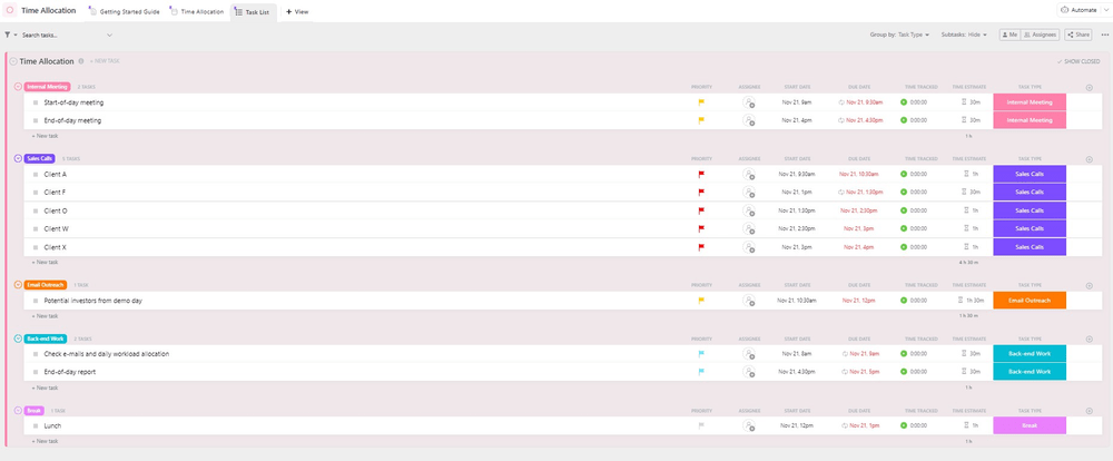 Le modèle de répartition du temps de ClickUp est conçu pour vous aider à mieux gérer votre temps et vos ressources.  