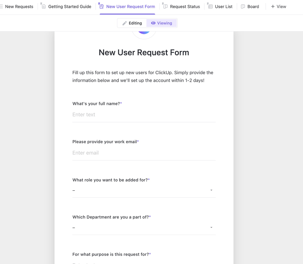 ClickUp's Request Form Template is designed to help you track employee requests and requests from external contacts.