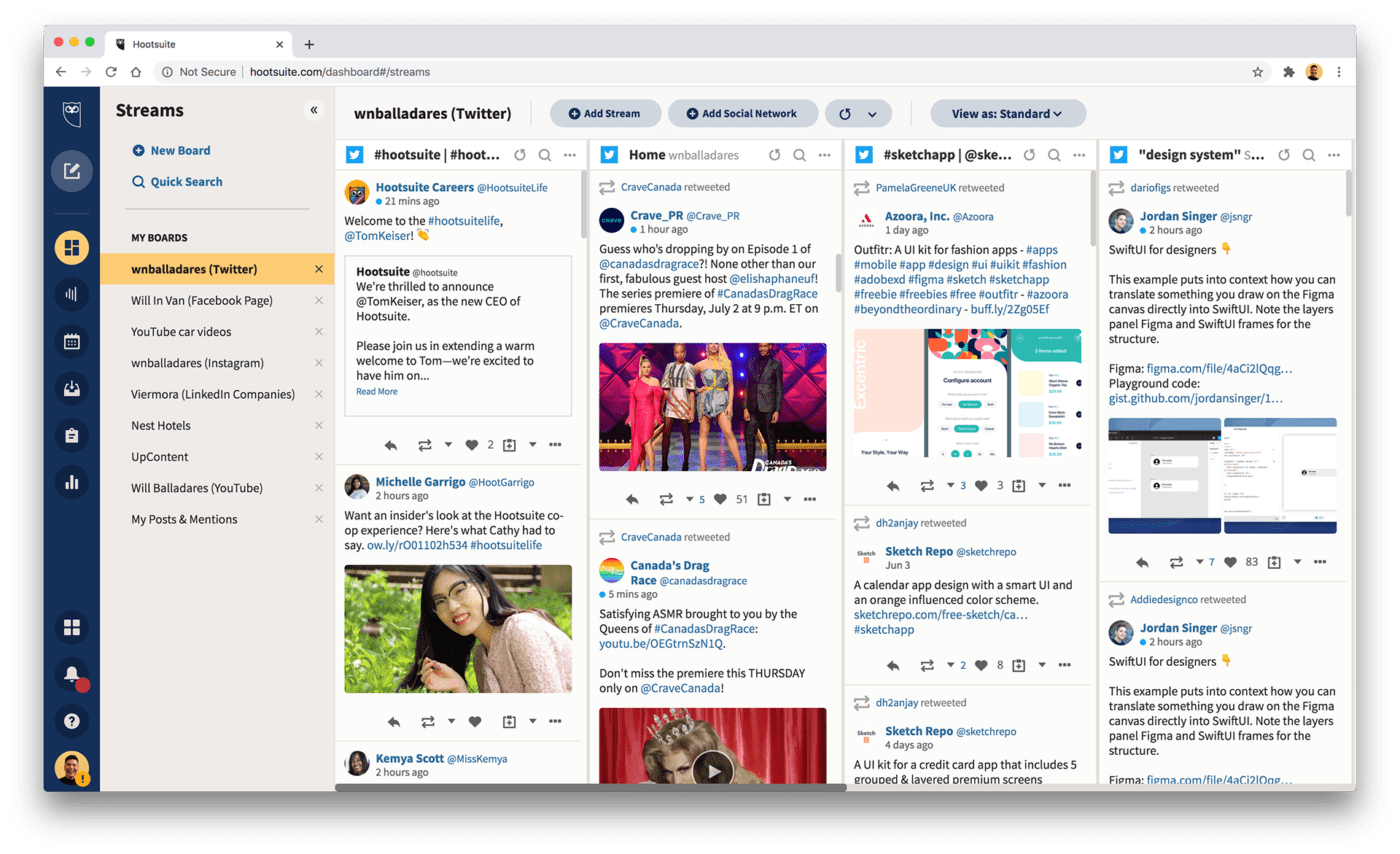 Painel de controle da Hootsuite