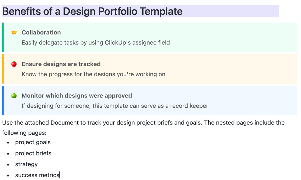 The Design Portfolio Template is ClickUp's perfect starter dashboard to adopt the agile methodology from product development to delivery.