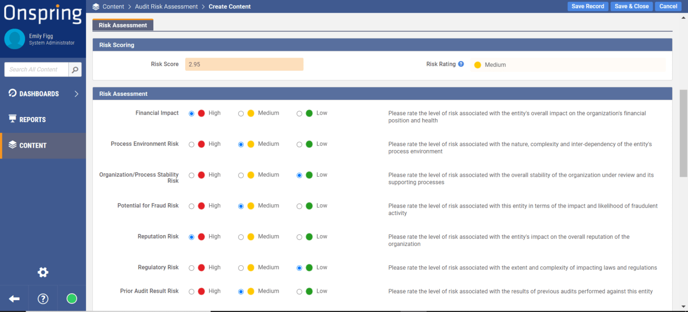 Painel de controle da Onspring